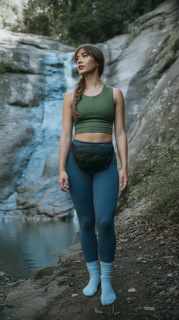 Stylish Hiking Spring Outfits 2026 Cool-Tone Fitness Layers by Waterfall Trails