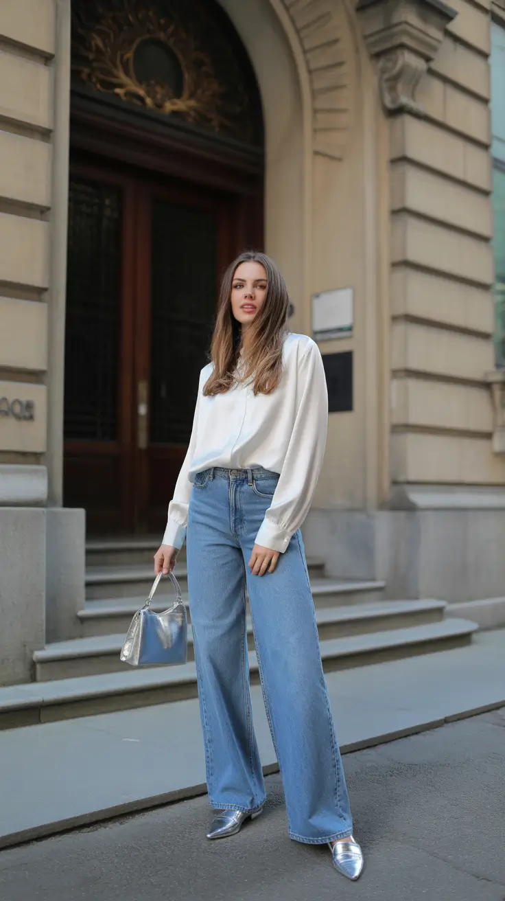 spring dinner outfits 2026 Polished Silvers and Soft Denim for a Classy Spring Dinner