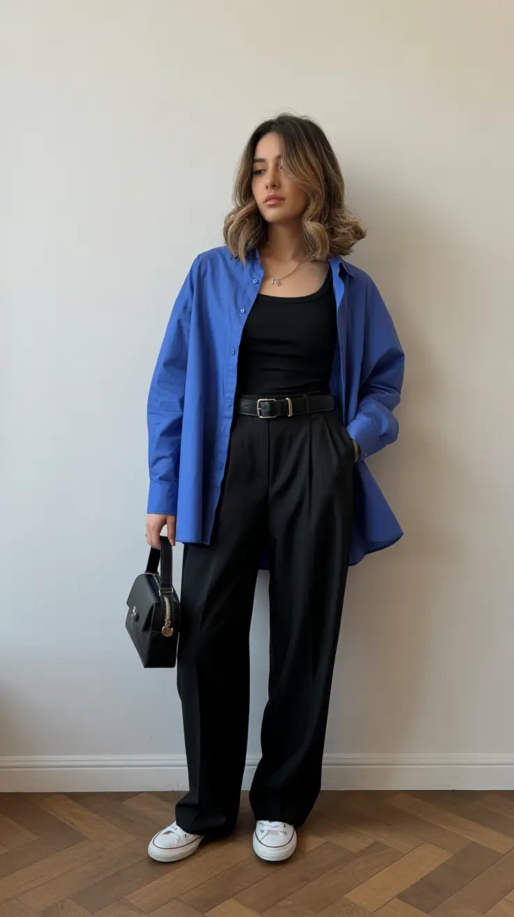 spring dinner outfits 2026 Relaxed Blue Layers with Tailored Black for Effortless Chic