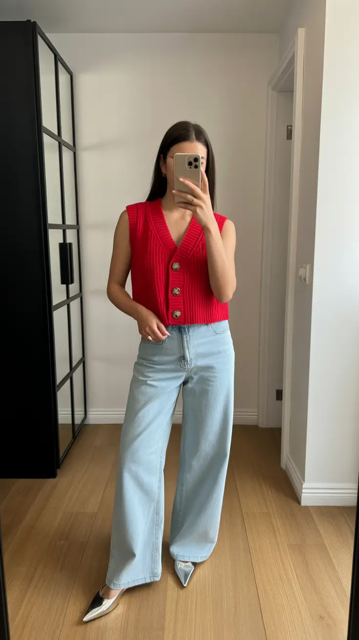 spring dinner outfits 2026 Bold Red Knit with Light Denim for a Cute Spring Contrast