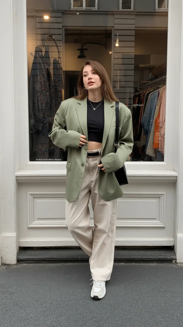 best early spring outfits 2026 Sage Blazer with Relaxed Neutrals for Everyday Chic