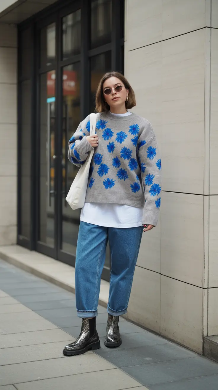 best early spring outfits 2026 Bold Floral Knit with Contrast Layers for Casual Days