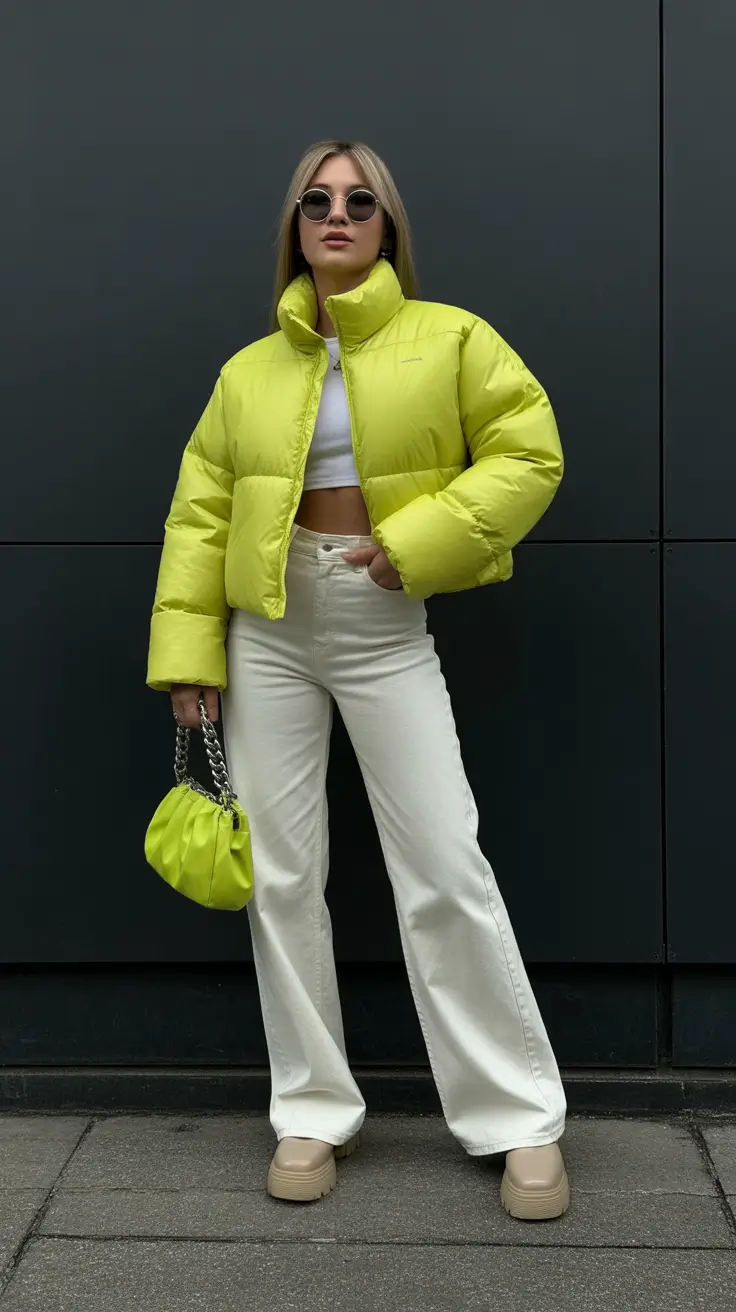 best early spring outfits 2026 High-Contrast Neon Puffer for Crisp Early Spring Light