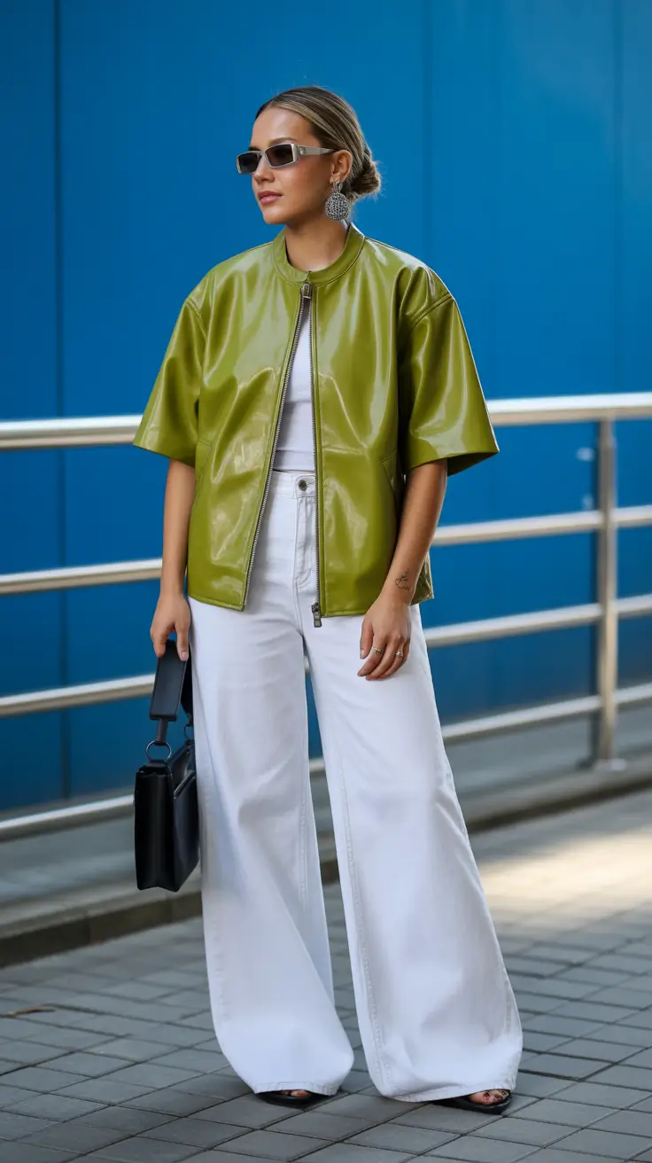 best early spring outfits 2026 Glossy Statement Jacket with Wide White Denim