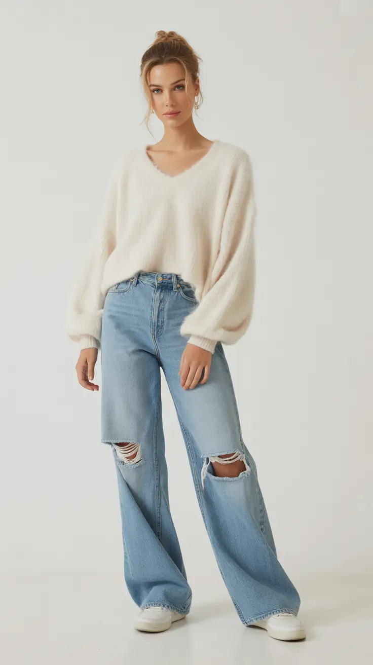 best early spring outfits 2026 Soft Cream Knit with Relaxed Ripped Denim