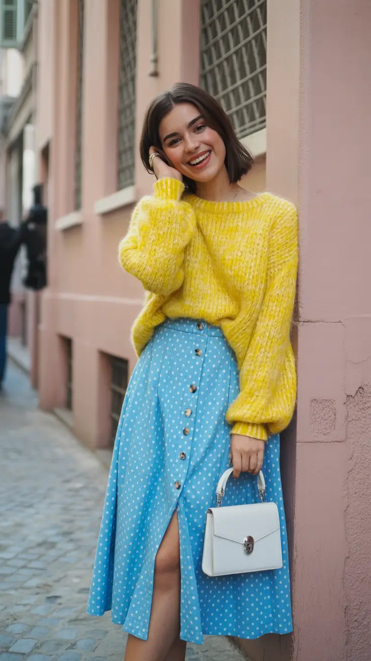 best early spring outfits 2026 Bright Knit and Playful Skirt for European Spring Light