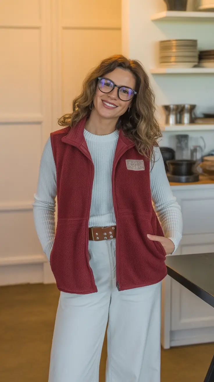 best early spring outfits 2026 Cozy Vest and Wide Trousers for Work Casual Ease