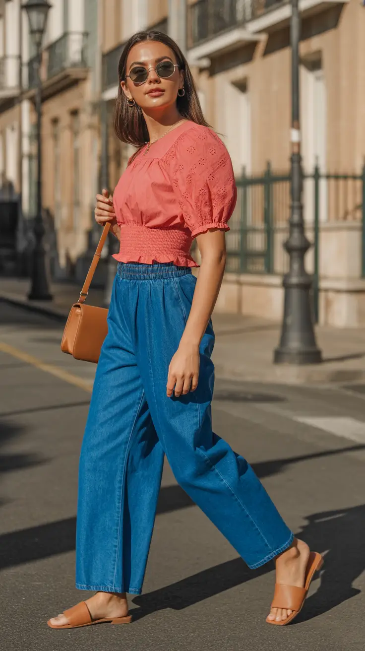 comfy spring outfits for 2026 Warm Coral Meets Denim for Easy Street Chic