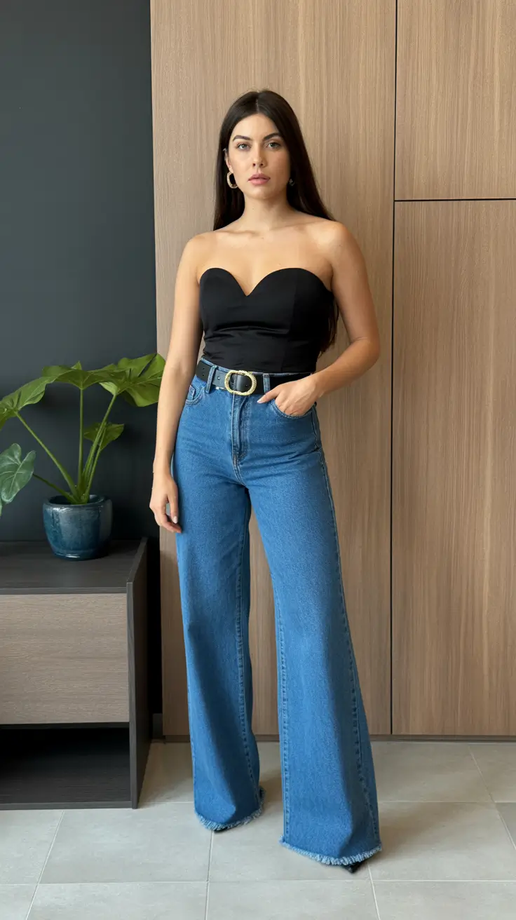 spring date night outfit 2026 Black Bodice & Denim for a Chic Casual Night