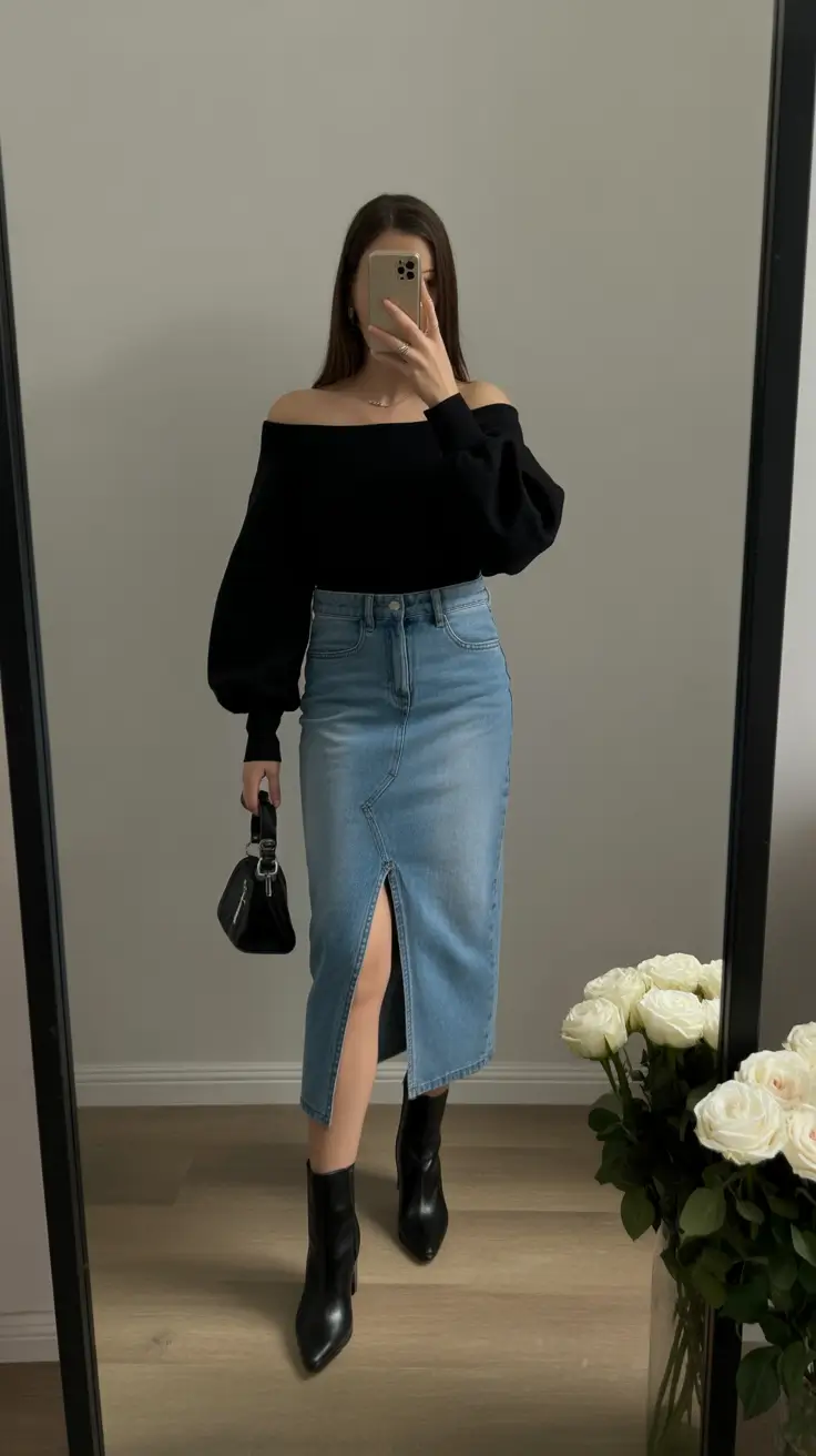 March Outfits Spring Ideas 2026 - Modern Denim and Off-the-Shoulder Confidence