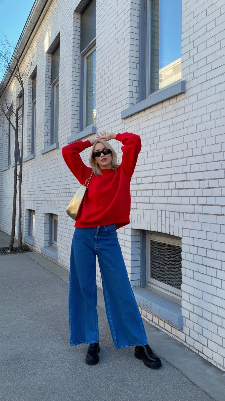 March Outfits Spring Ideas 2026 - Red Sweater Ease with Wide-Leg Denim Flow