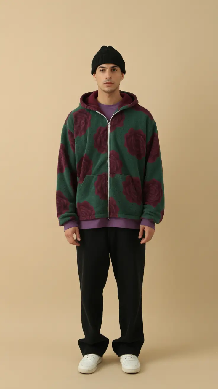 spring outfits mens Bold Florals with a Cozy Streetwear Edge