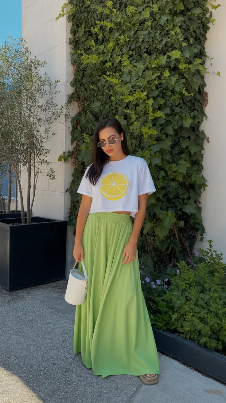 april outfits ideas 2026 Lemon Fresh Green Skirt Look for Sunny April Walks