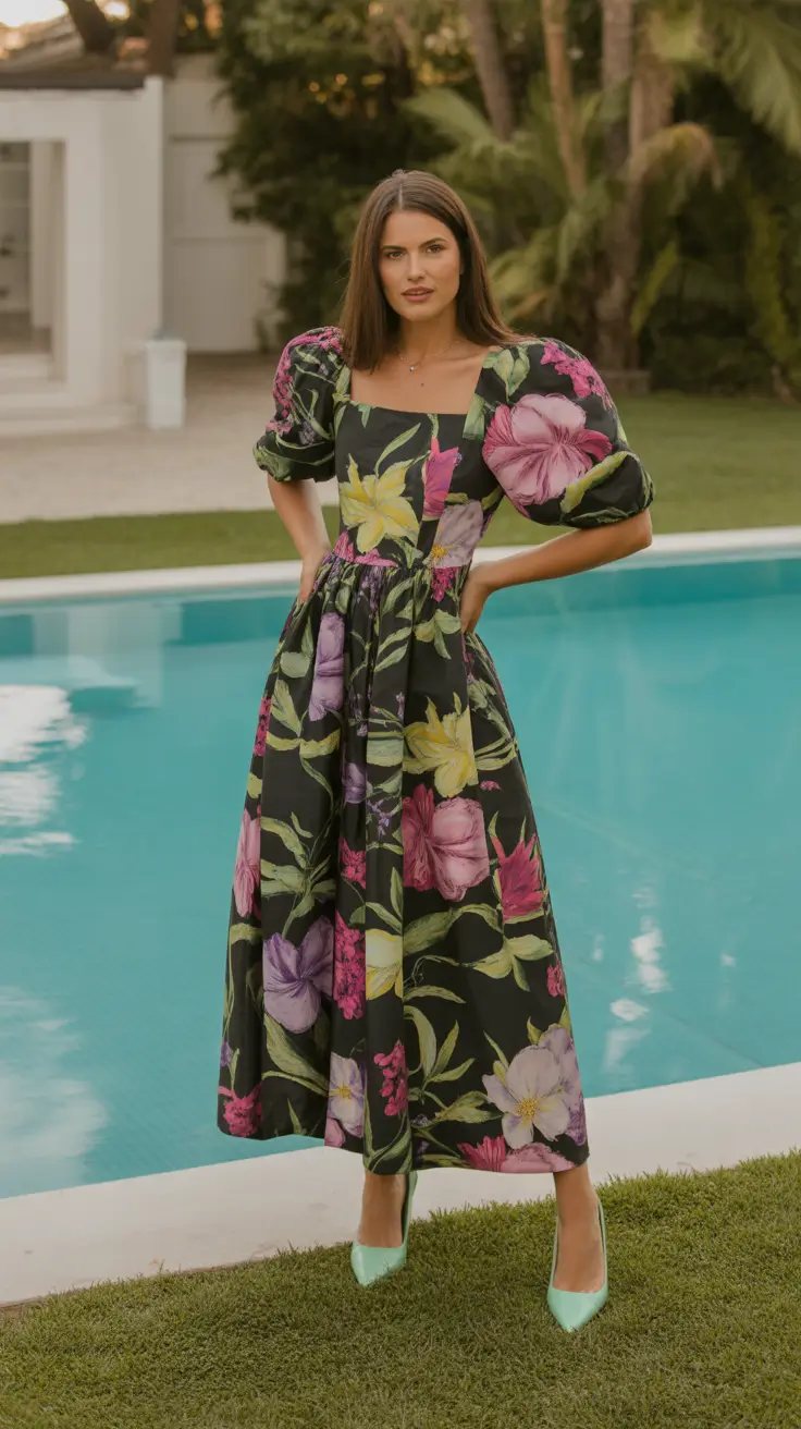 april outfits ideas 2026 Elegant Floral Midi Dress for Warm April Evenings