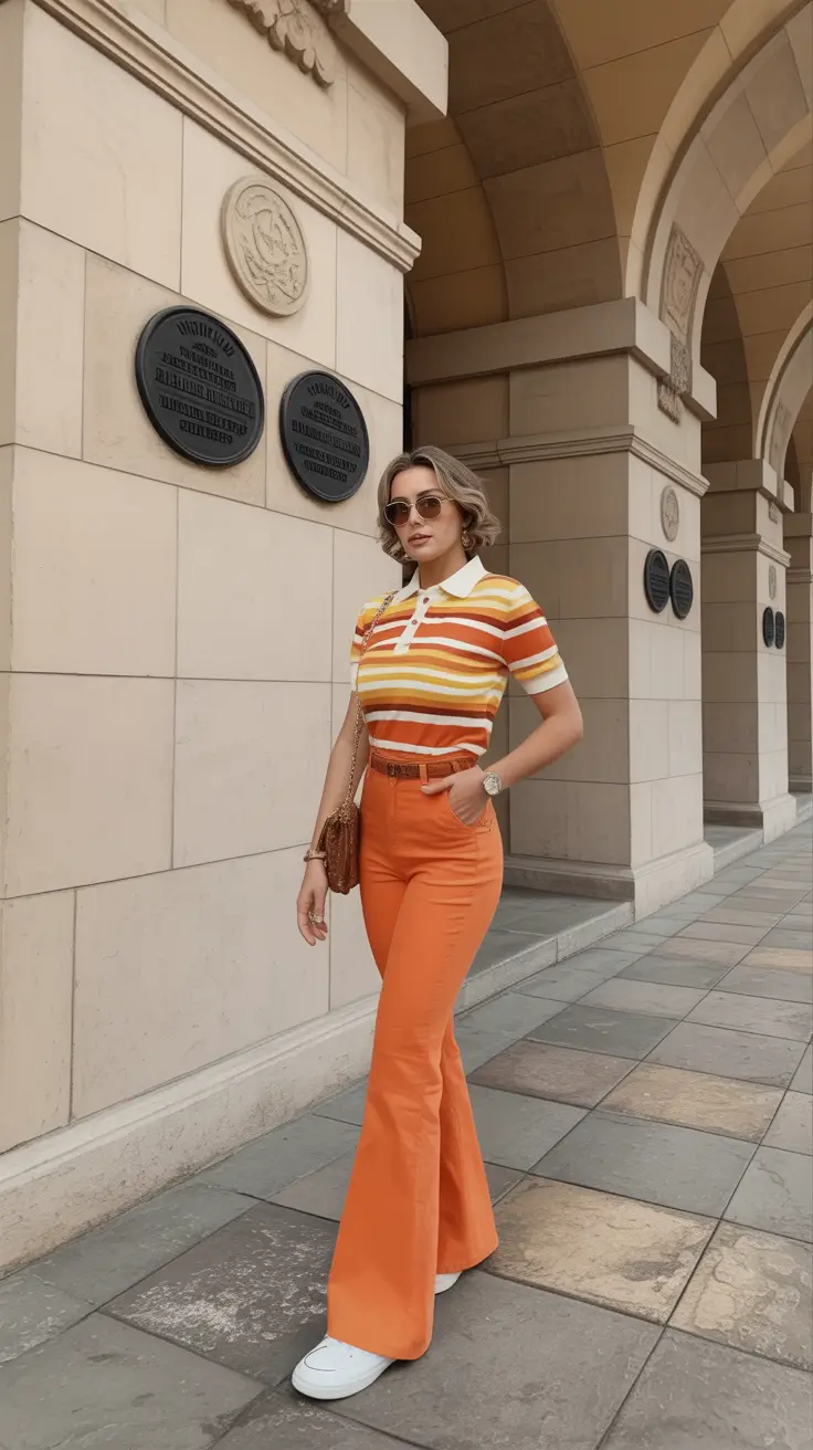 april outfits ideas 2026 Retro Striped Polo and Orange Flared Pants for Bold Spring Energy