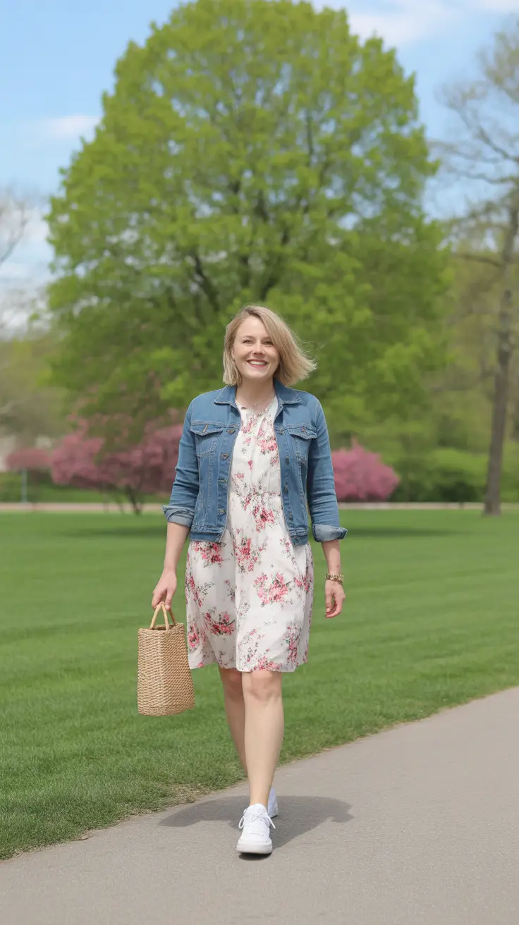 april outfits ideas 2026 Light Floral Dress with Denim Jacket for Easy Spring Layering