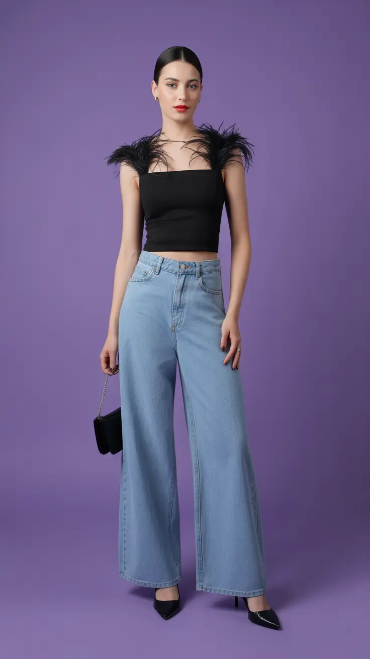 april outfits ideas 2026 Feather Trim Top and Wide Denim for Elegant Evening Style