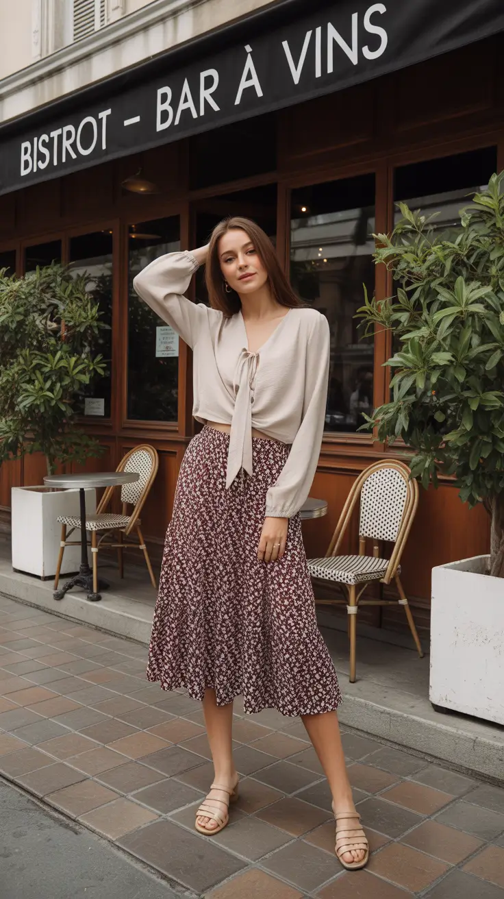 april outfits ideas 2026 Romantic Blouse and Floral Midi Skirt for Parisian Spring Style