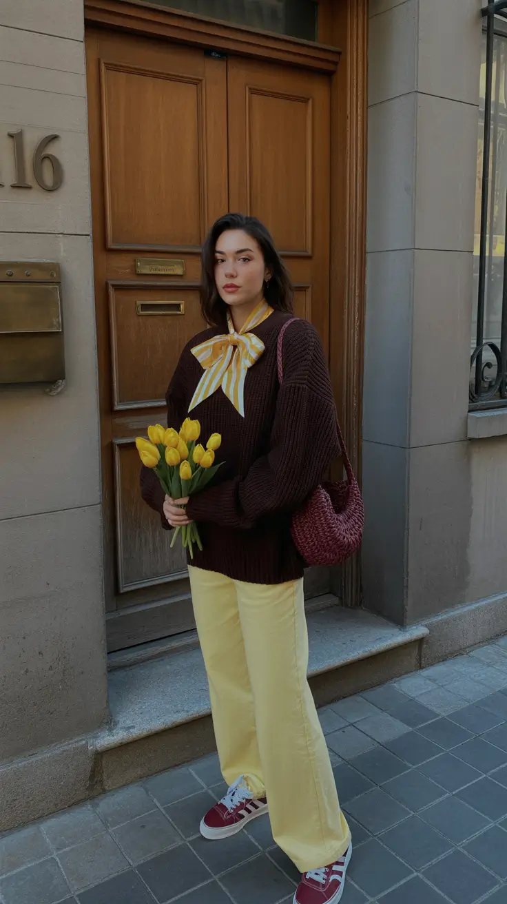 april outfits ideas 2026 Cozy Sweater and Yellow Trousers for Fresh Spring Contrast