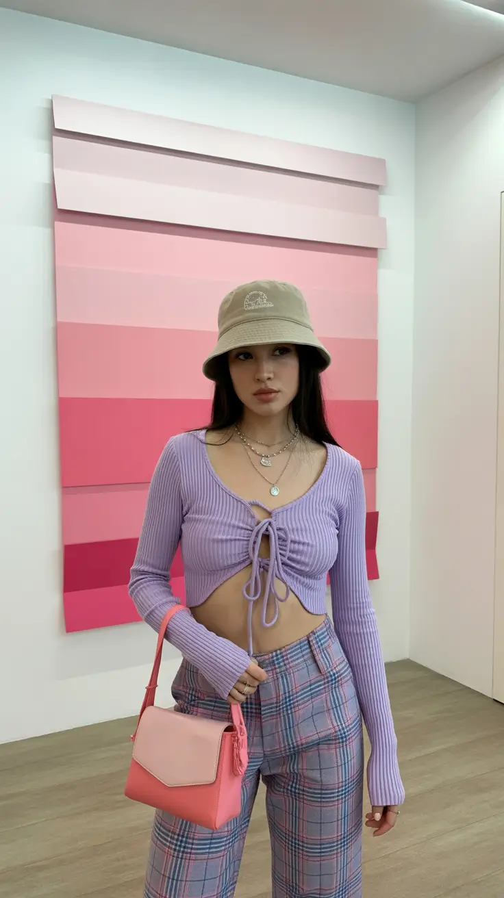 april outfits ideas 2026 Lavender Crop Top and Plaid Trousers for Trendy Spring Street Style