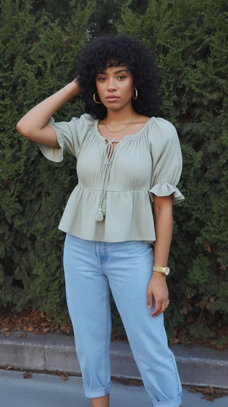 april outfits ideas 2026 Soft Sage Peplum Top and Light Denim for Fresh Spring Simplicity