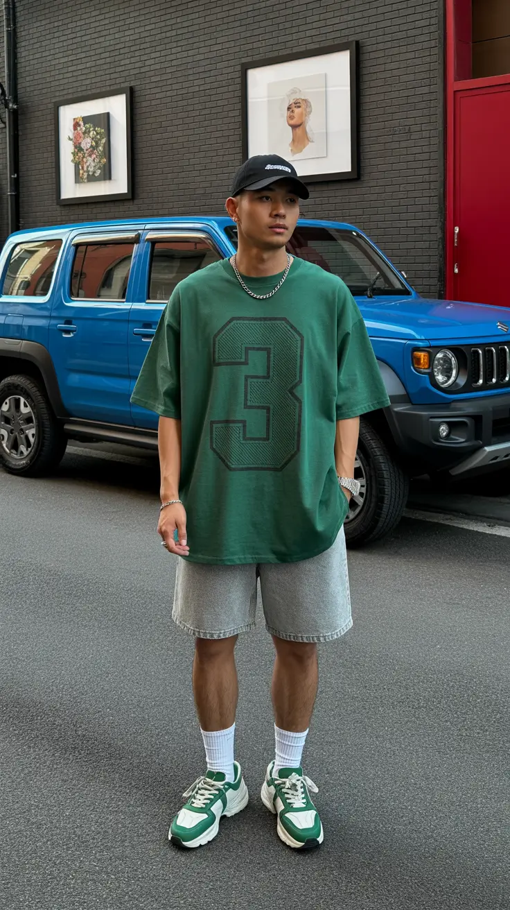 casual summer outfits men 2026 Sporty Oversized Tee and Denim Shorts Street Playfulness
