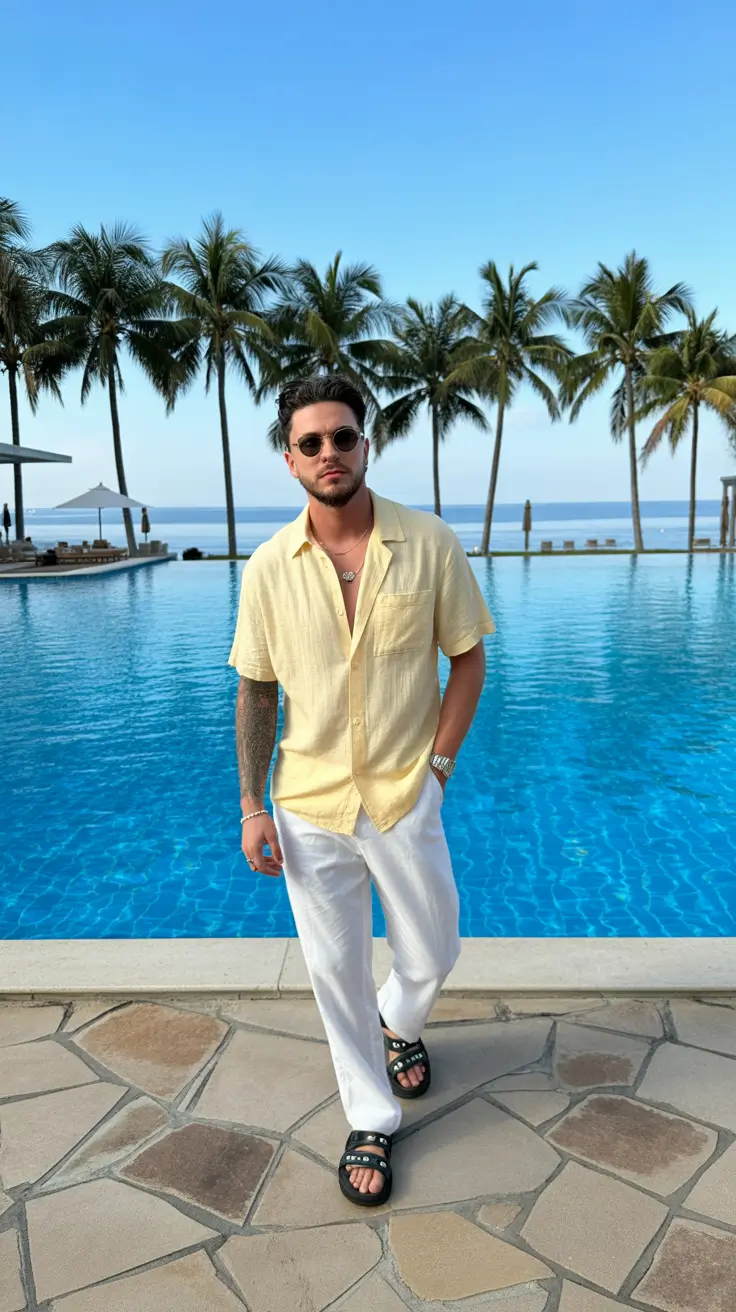 casual summer outfits men 2026 Soft Yellow Shirt and White Trousers Resort Confidence