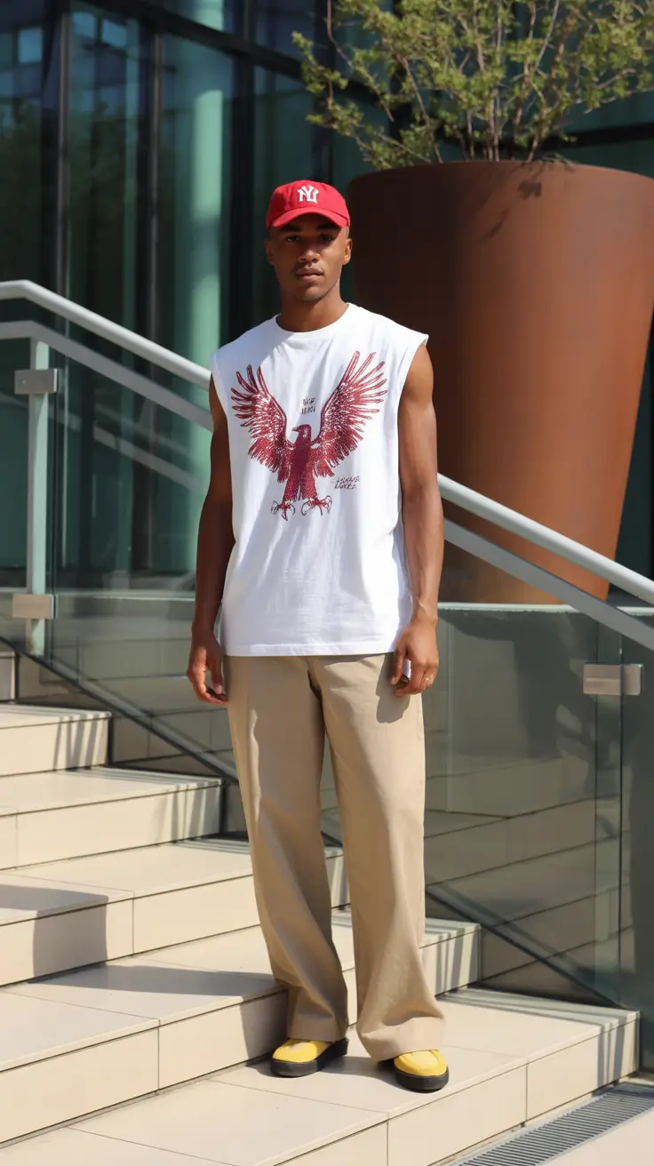 casual summer outfits men 2026 Sleeveless Graphic Tee and Wide Trousers Urban Edge