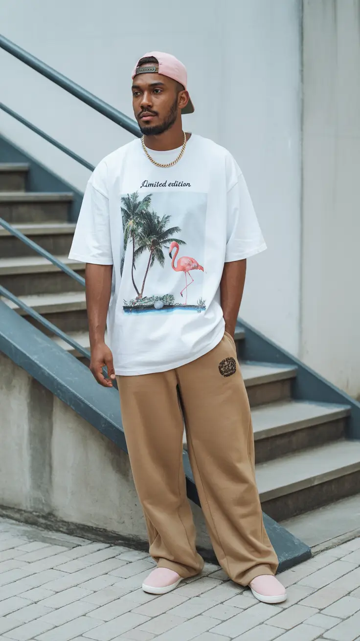 casual summer outfits men 2026 Tropical Graphic Tee with Relaxed Pants Summer Playfulness