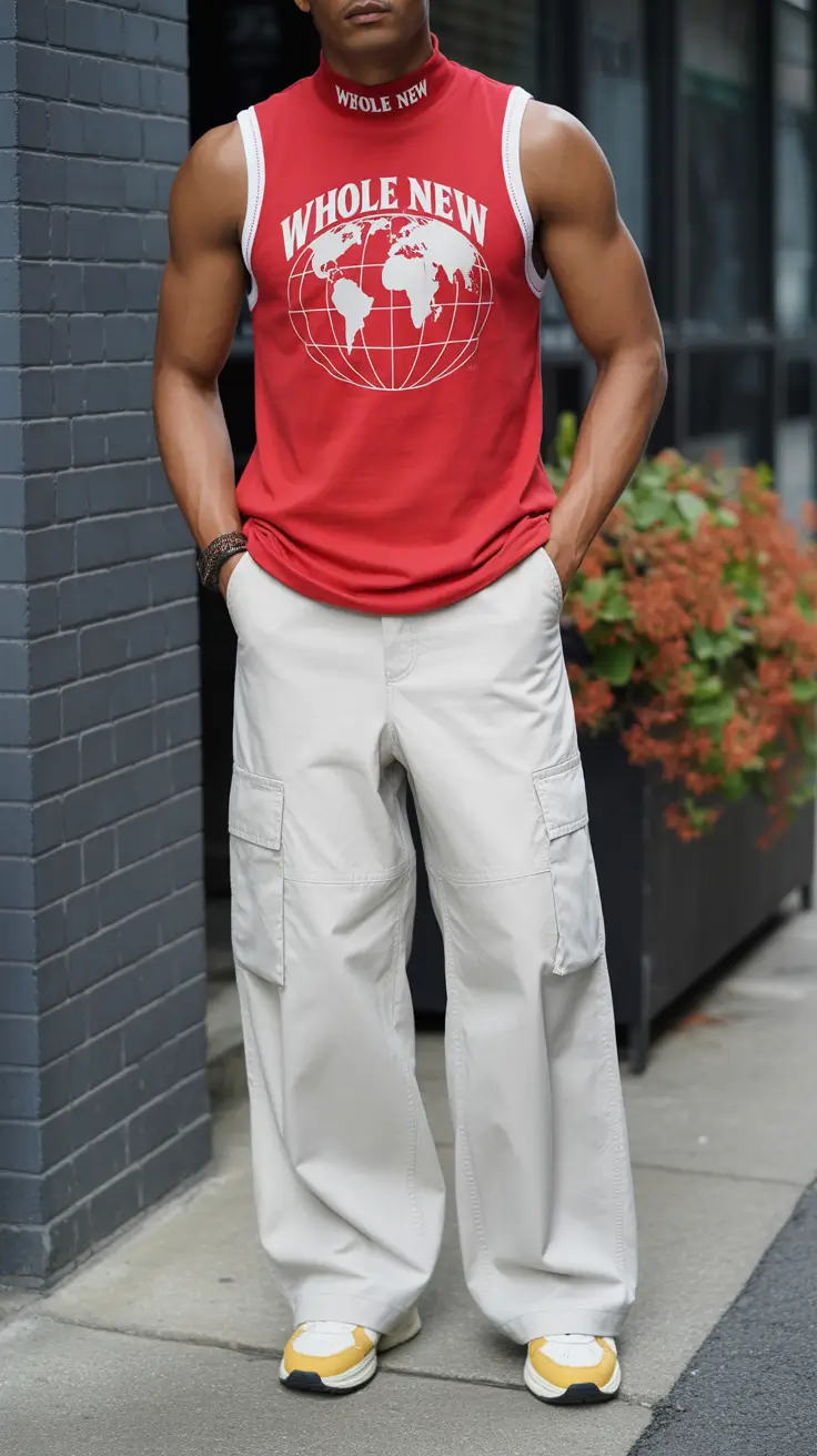 casual summer outfits men 2026 Red Sleeveless Top and Cargo Trousers Sporty Power