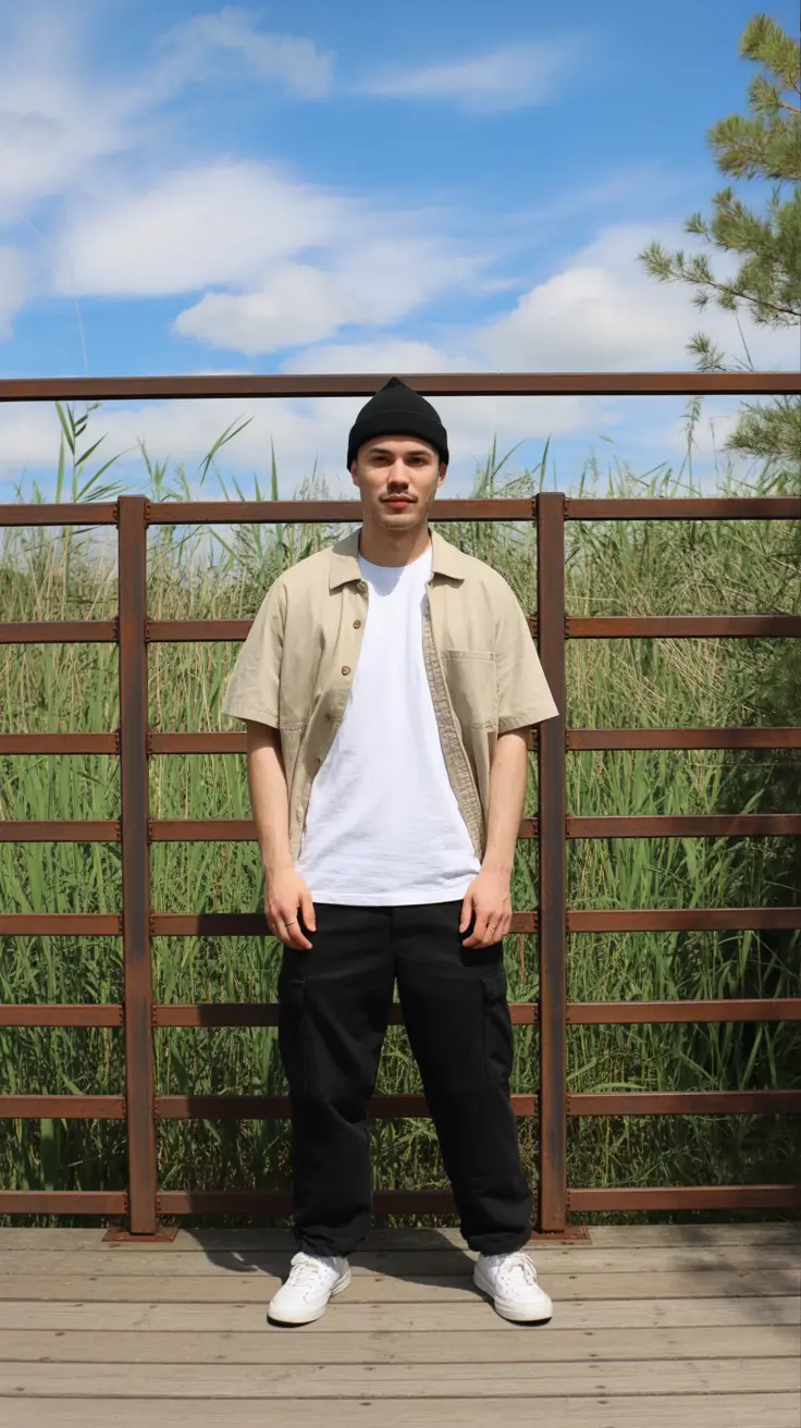 casual summer outfits men 2026 Layered Neutral Shirt and Cargo Pants Weekend Ease
