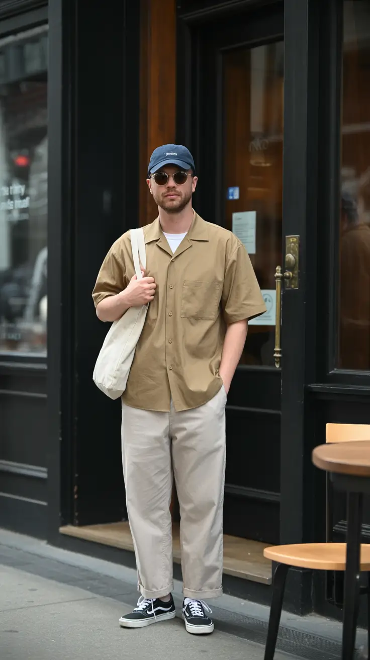 casual summer outfits men 2026 Earth Tone Shirt and Light Trousers Urban Coffee Run