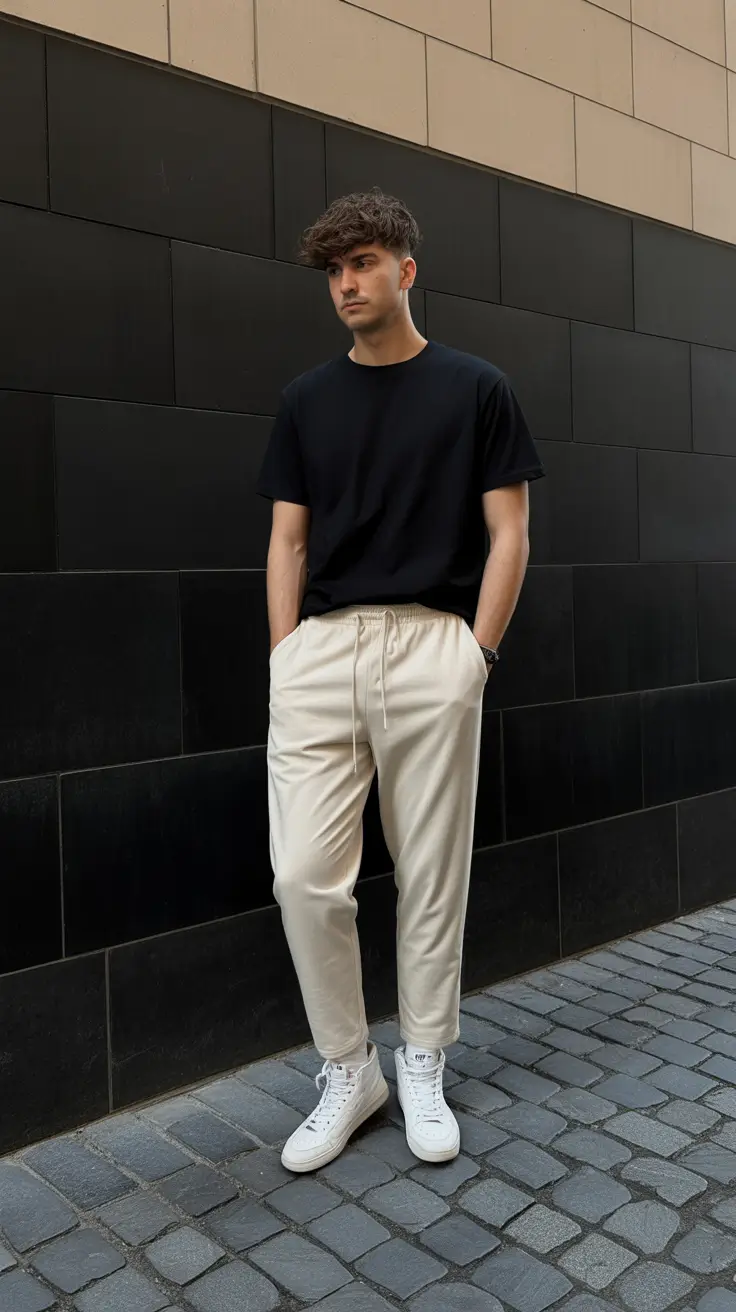 casual summer outfits men 2026 Minimal Black Tee and Jogger Trousers Modern Comfort