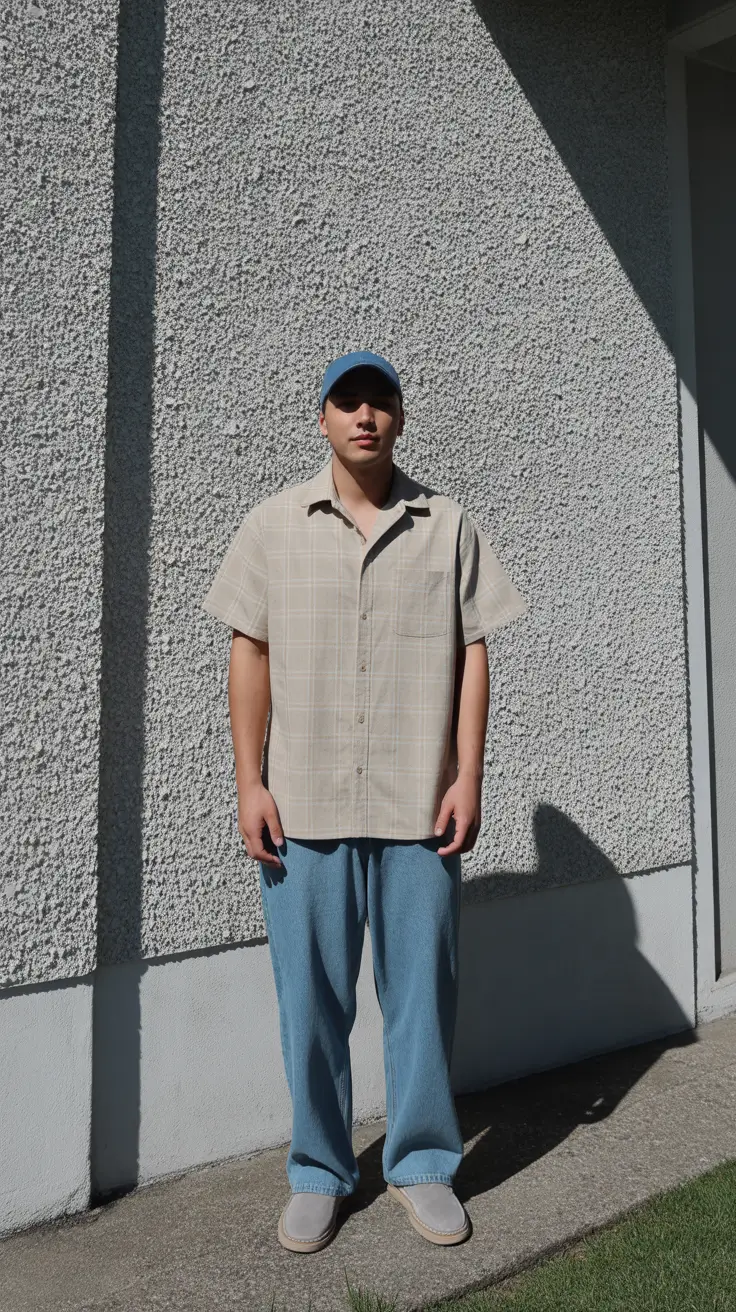 casual summer outfits men 2026 Checked Shirt and Loose Jeans Casual Retro Revival