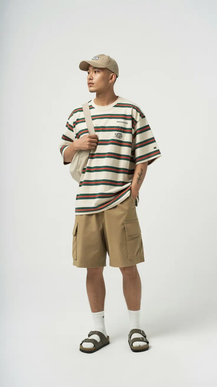 casual summer outfits men 2026 Striped Oversized Tee with Utility Shorts Energy