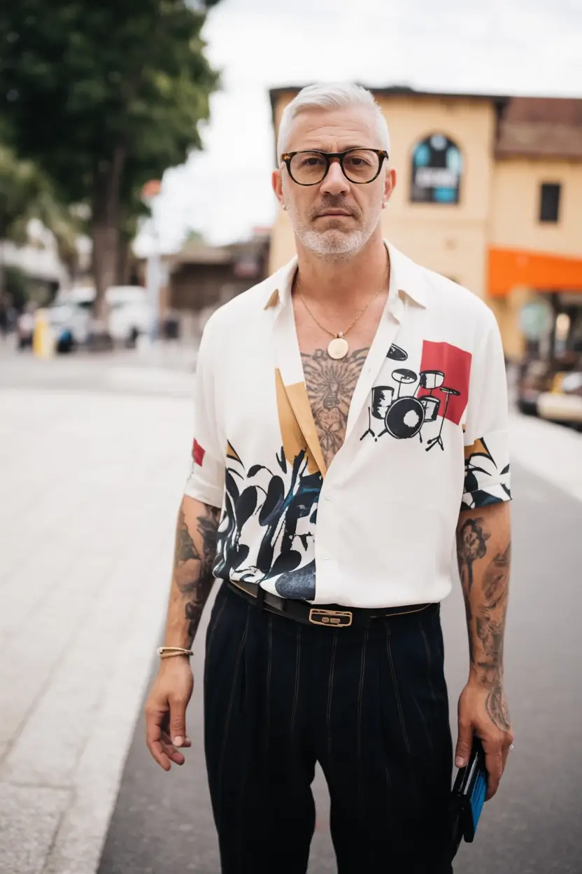 casual summer outfits men 2026 Printed Statement Shirt and Tailored Trousers Bold Sophistication