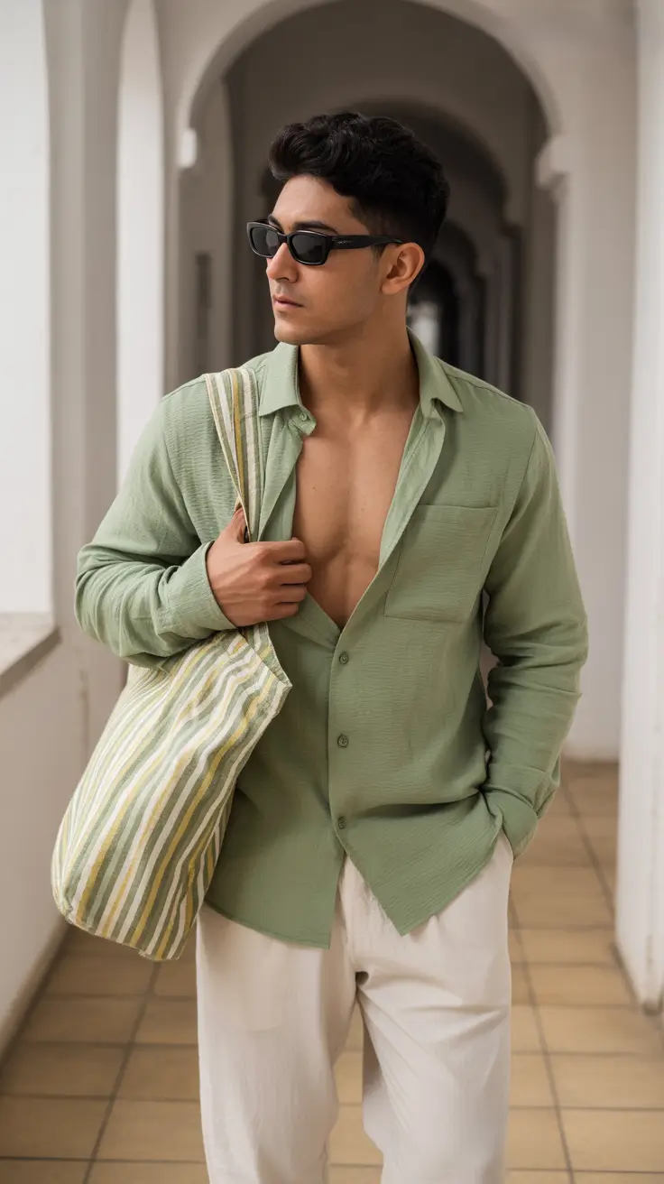 casual summer outfits men 2026 Olive Linen Shirt and Light Trousers Mediterranean Calm