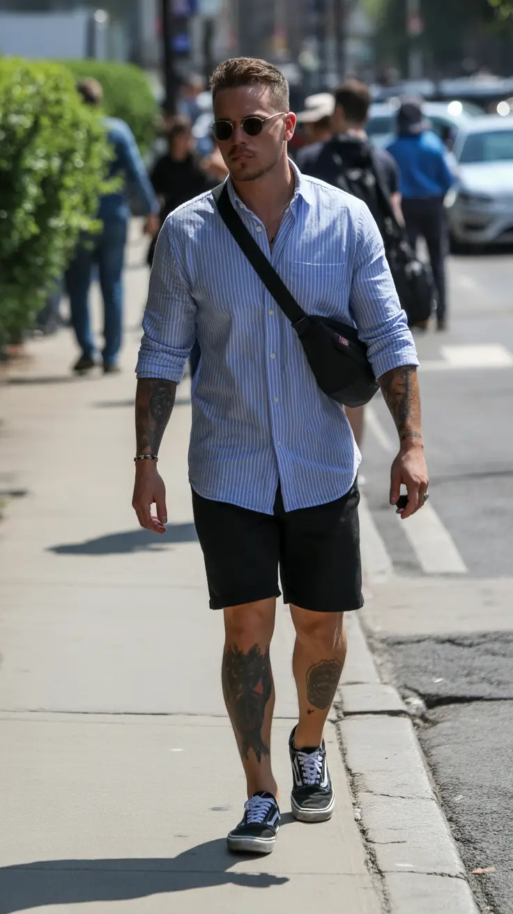 casual summer outfits men 2026 Light Blue Shirt and Tailored Shorts Urban Combo