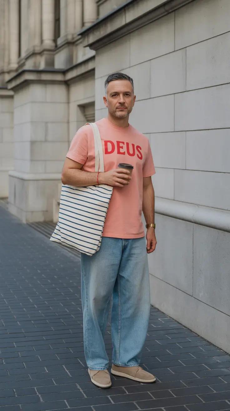 casual summer outfits men 2026 Soft Pastel Tee and Wide Denim for Old Money Ease