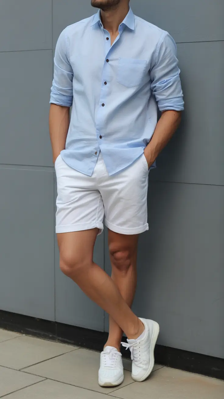 casual summer outfits men 2026 Light Blue Shirt and White Shorts Summer Elegance