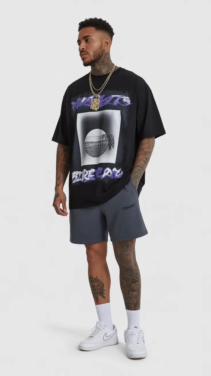 casual summer outfits men 2026 Graphic Tee and Athletic Shorts Urban Street Mood