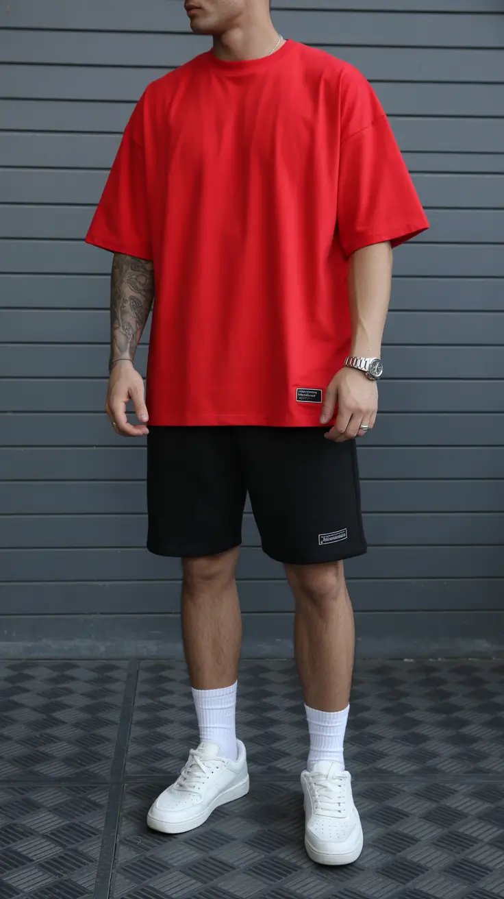 casual summer outfits men 2026 Bright Red Tee with Black Shorts Statement Simplicity
