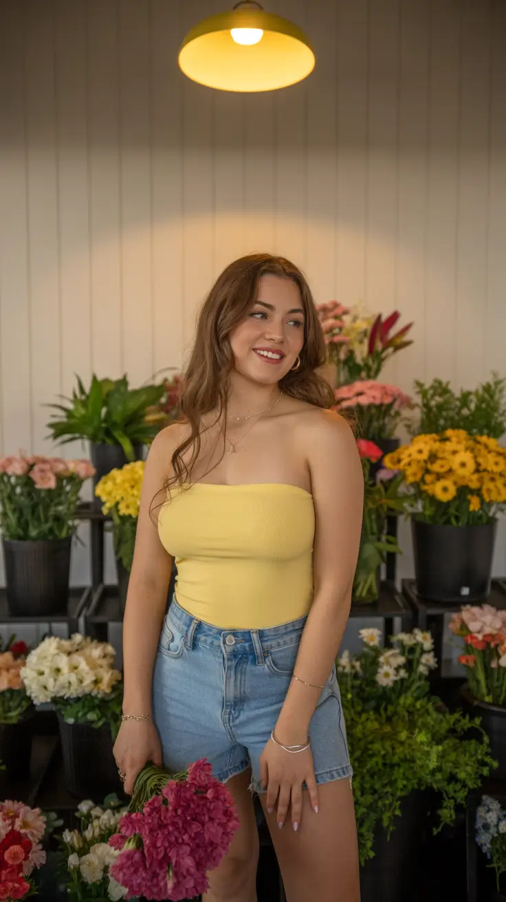 cute summer outfits for teens 2026 Soft Yellow Tube Top With Denim Shorts Summer Flower Shop Mood