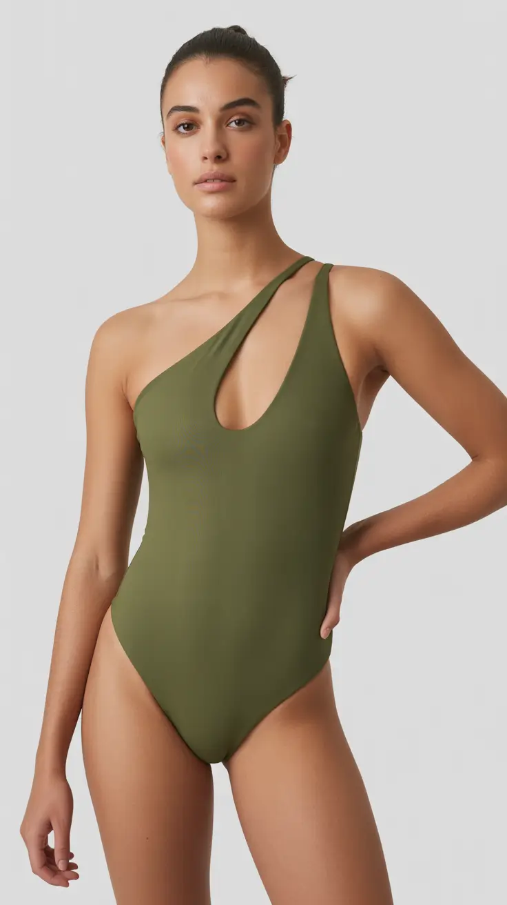 one piece swimsuit summer 2026 Olive Asymmetrical Keyhole - Sleek Euro Resort Mood