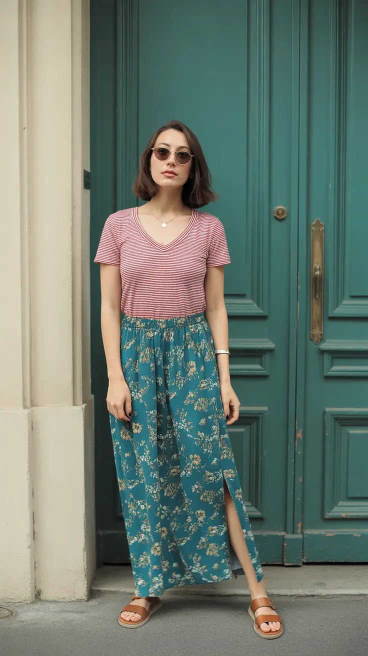 summer capsule wardrobe for women 2026 Relaxed Femininity with a Striped Tee and Flowing Maxi