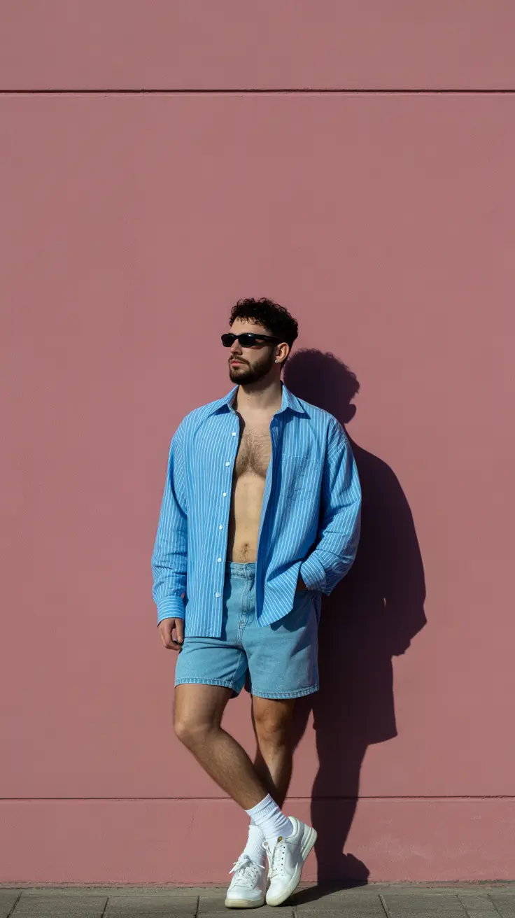 summer outfits men 2026 Relaxed Riviera Shirt and Denim Shorts Energy