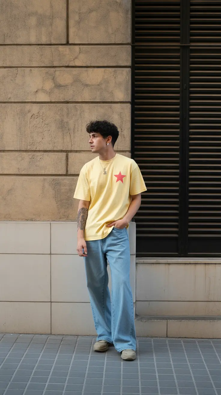 summer outfits men 2026 Retro Graphic Tee and Loose Denim Youth Revival