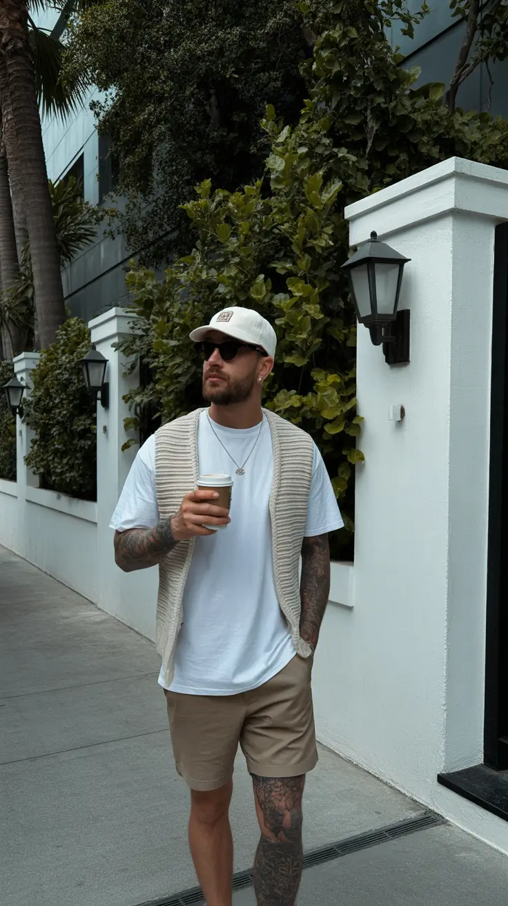 summer outfits men 2026 Soft Preppy Layers with Knit Vest and Tailored Shorts