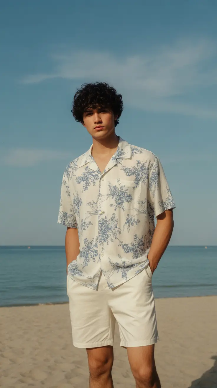 summer outfits men 2026 Coastal Floral Shirt and Cream Shorts Vacation Calm