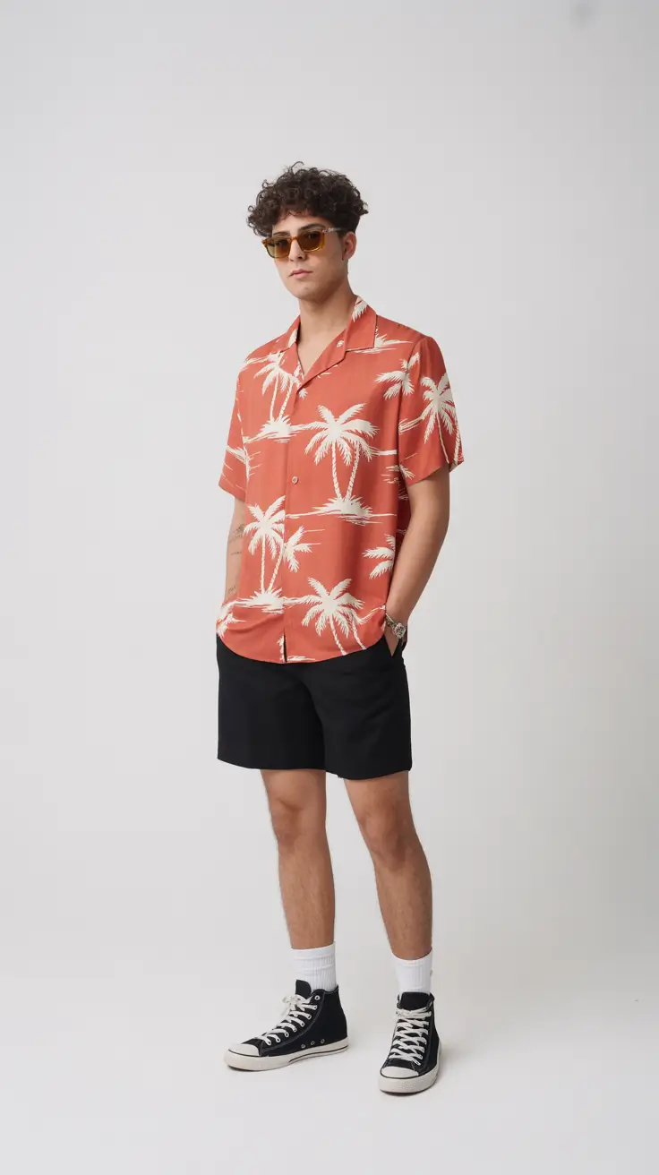 summer outfits men 2026 Tropical Palm Shirt and Dark Shorts Street Holiday Vibe